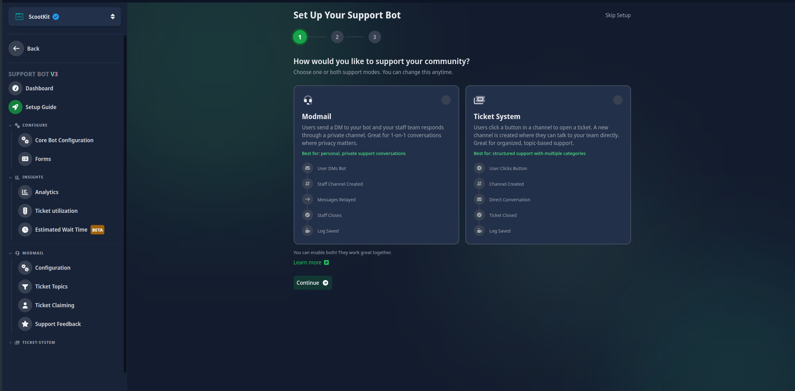The mode selection screen with cards for Modmail and Ticket System, each showing a description and flow diagram